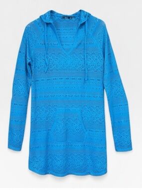 Prana  Luiza Tunic Vivid Blue Crochet Hoodie Swimsuit Cover Up Dress Size Medium